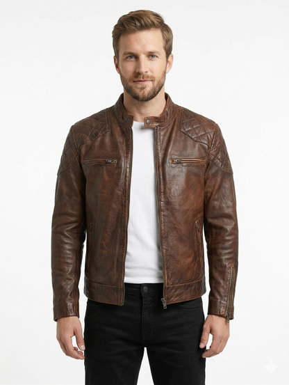 Men's Cafe Racer Brown Biker Leather Jacket Style - 744 | Majestic Leather — back view | Majestic Leather UK