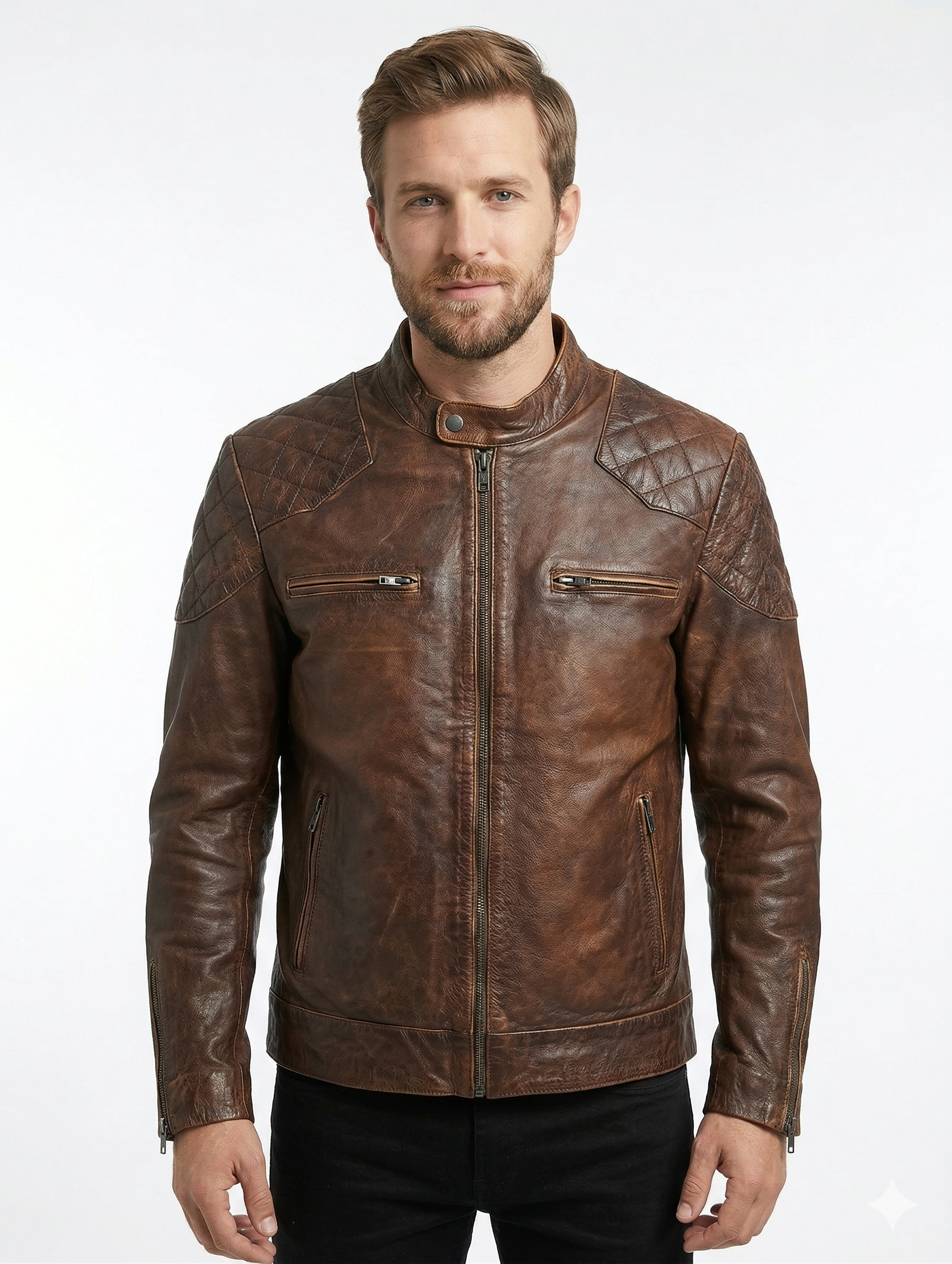 Men's Cafe Racer Brown Biker Leather Jacket Style - 744 | Majestic Leather — front view | Majestic Leather UK