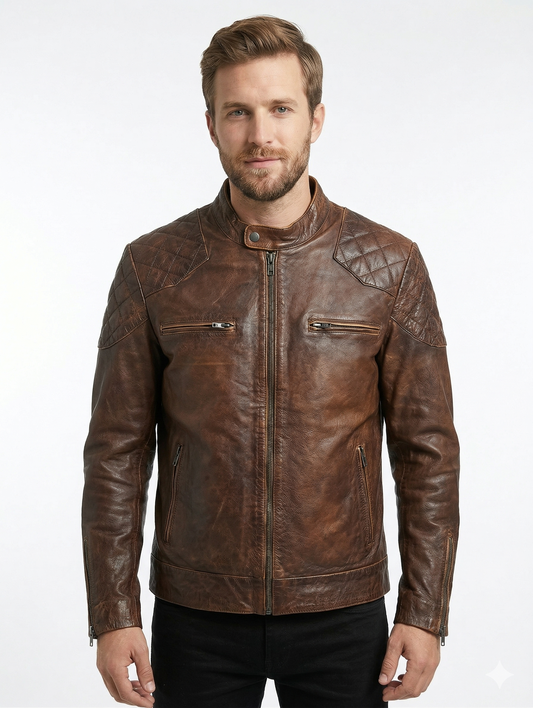 Men's Cafe Racer Brown Biker Leather Jacket Style - 744 | Majestic Leather — front view | Majestic Leather UK