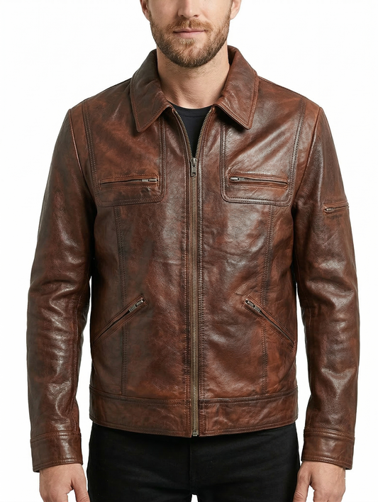 Men's Biker cafe racer Real Leather Jacket Style-450 | Majestic Leather — front view | Majestic Leather UK