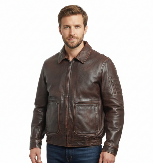 Mens Real Leather Cowhide Cafe Racer Brown Jacket Style-814 | Majestic Leather — front view | Majestic Leather UK