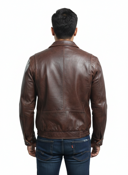 Mens Real Leather Cowhide Cafe Racer Brown Jacket Style-814 | Majestic Leather — back view | Majestic Leather UK