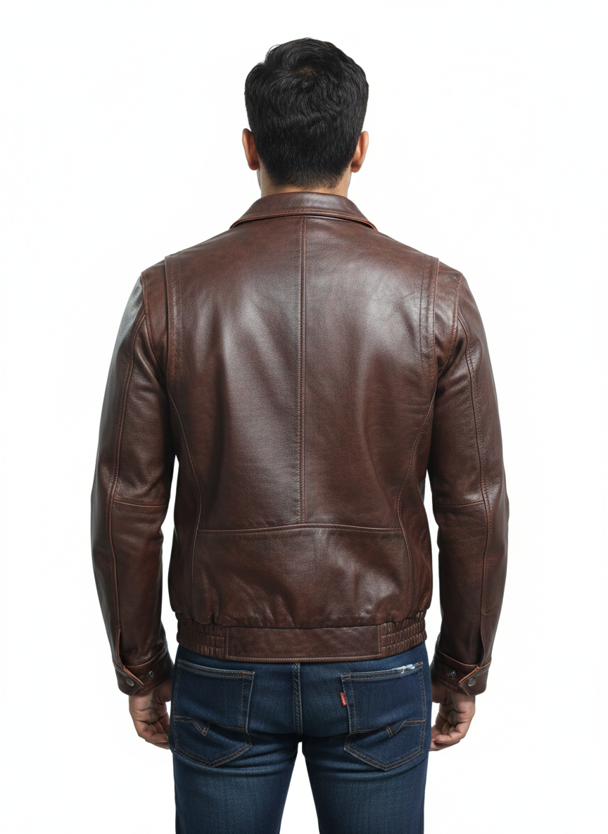 Men’s Distress Brown Real Leather Jacket Style-814 | Majestic Leather — back view | Majestic Leather UK