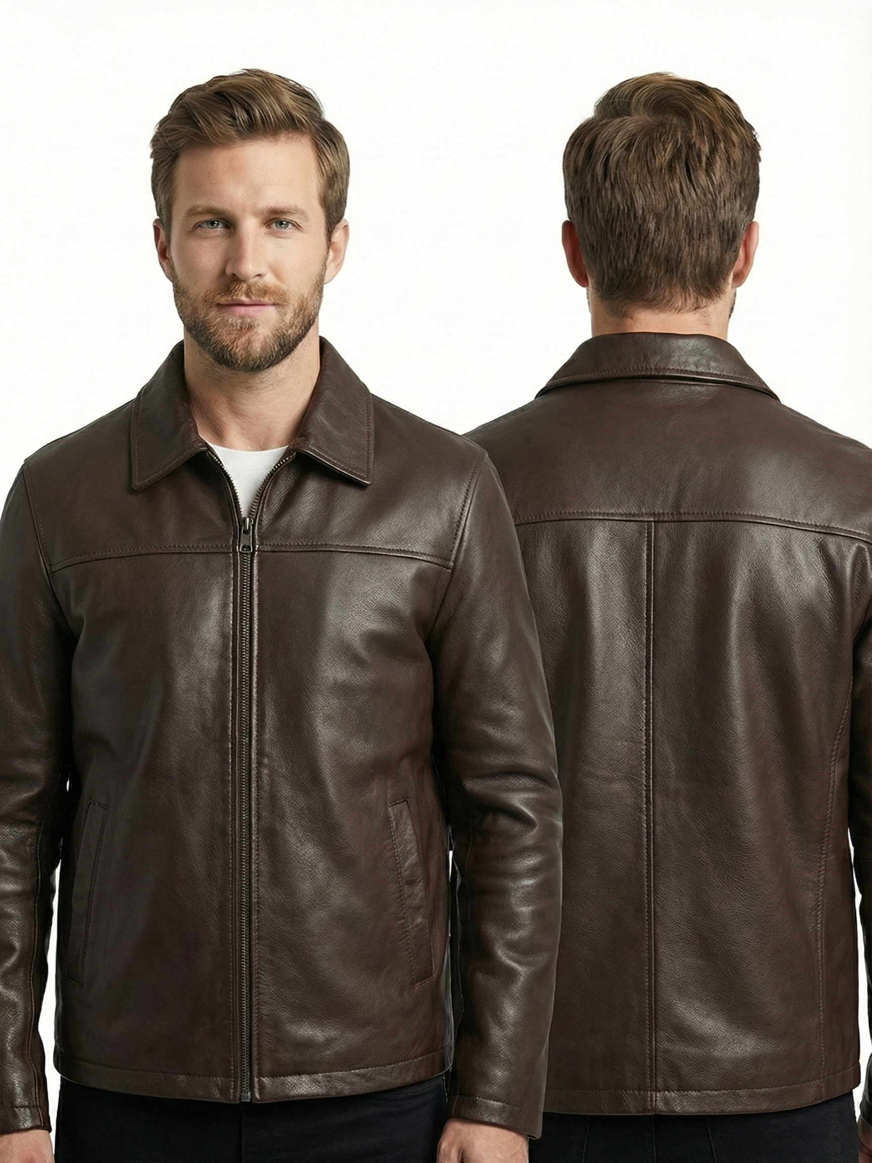 Men’s Real Leather Jacket Brown Lambskin Elegant-614 | Majestic Leather — back view | Majestic Leather UK