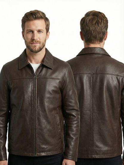 Men’s Real Leather Jacket Brown Lambskin Elegant-614 | Majestic Leather — back view | Majestic Leather UK