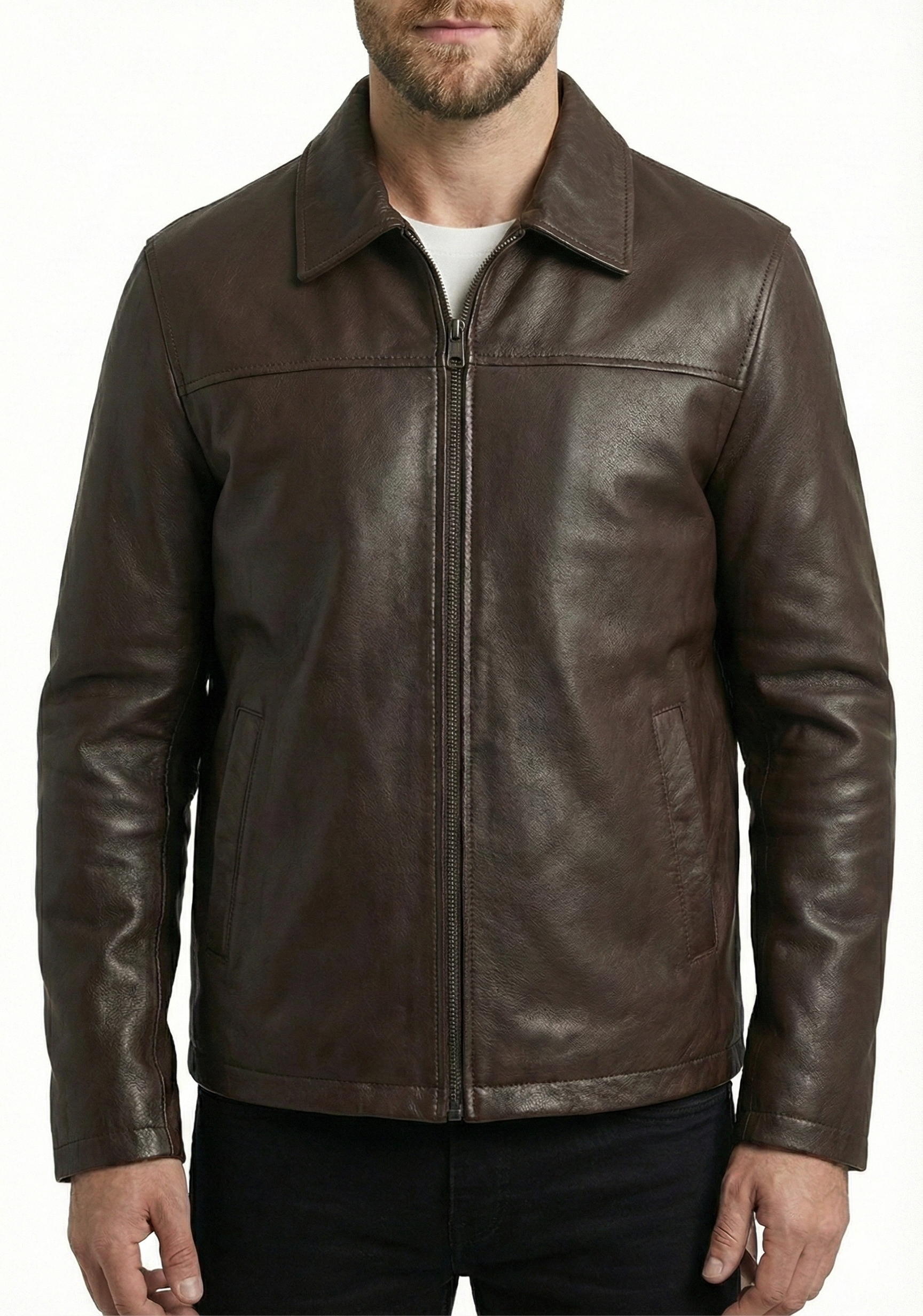 Men’s Real Leather Jacket Brown Lambskin Elegant-614 | Majestic Leather — front view | Majestic Leather UK