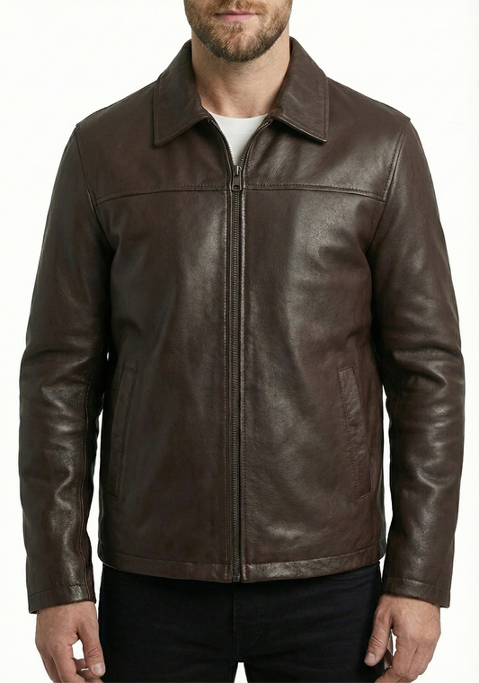 Men’s Real Leather Jacket Brown Lambskin Elegant-614 | Majestic Leather — front view | Majestic Leather UK