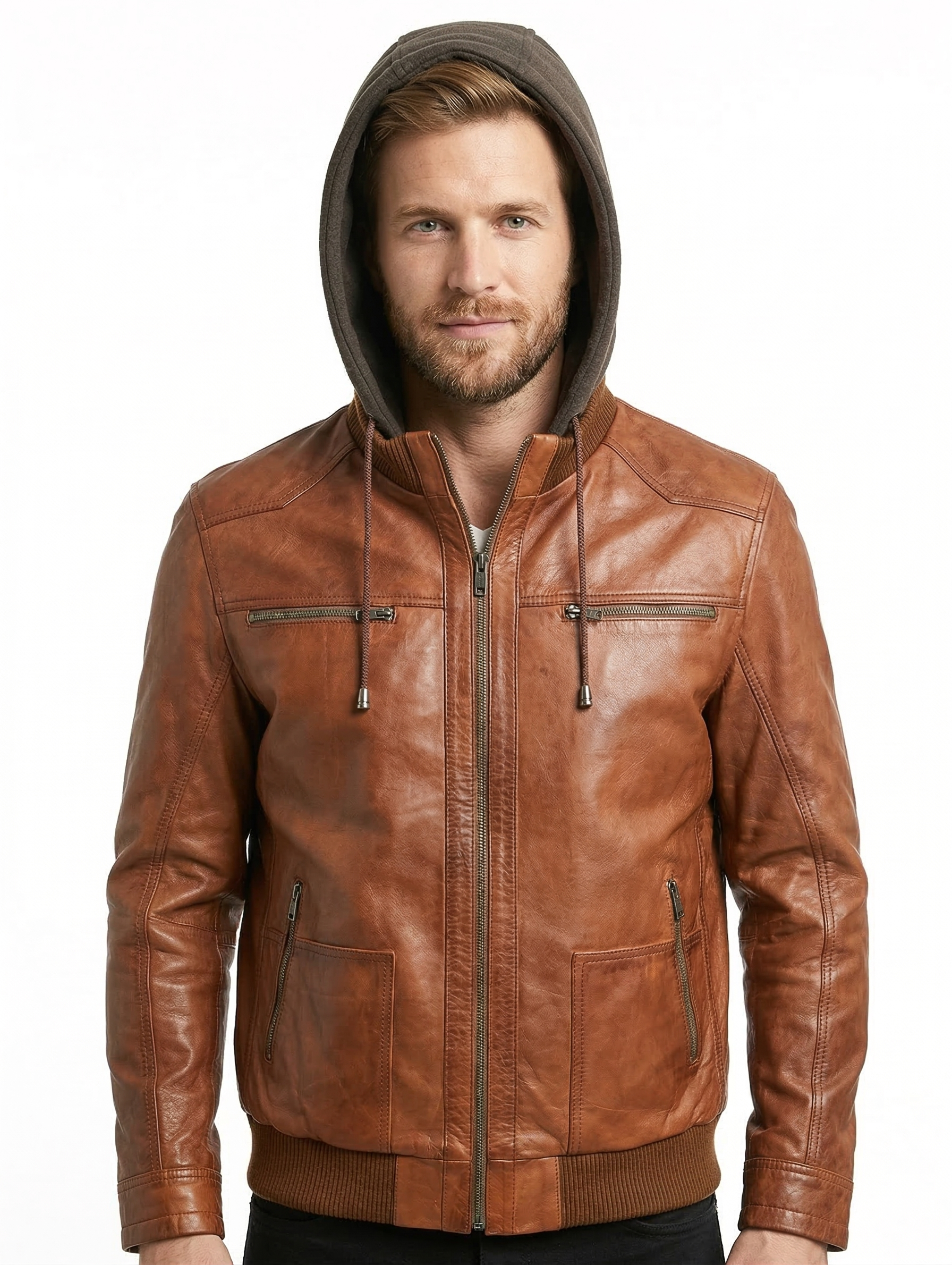 Biker Hooded Bomber Lambskin Leather Jacket Style - 1091 | Majestic Leather — front view | Majestic Leather UK