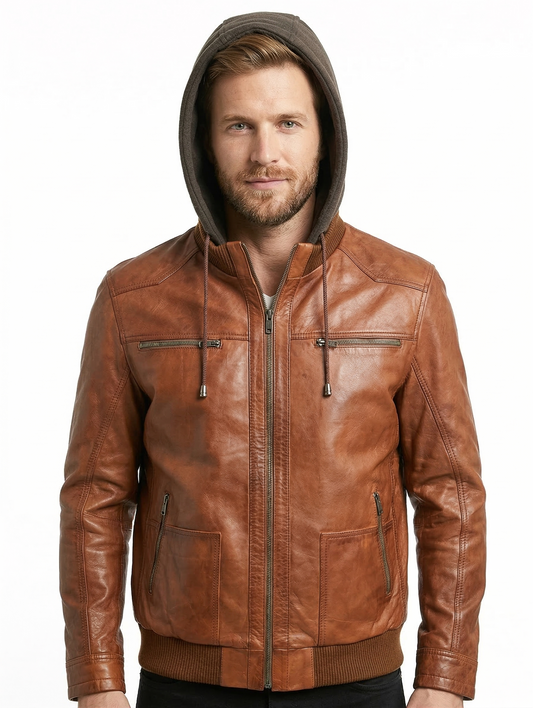 Biker Hooded Bomber Lambskin Leather Jacket Style - 1091 | Majestic Leather — front view | Majestic Leather UK