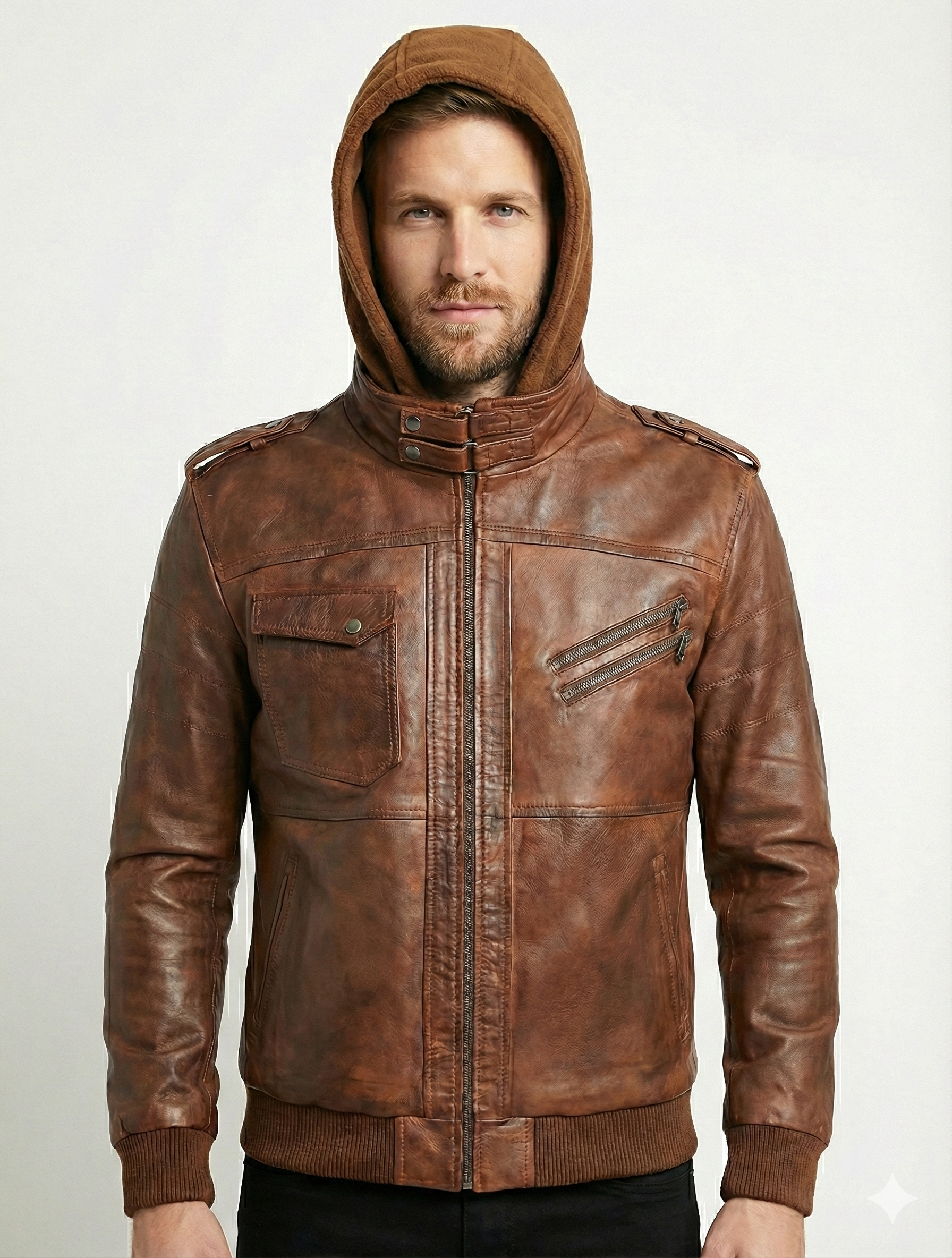 Biker Hooded Bomber Lambskin Leather Jacket Style - 634 | Majestic Leather — back view | Majestic Leather UK
