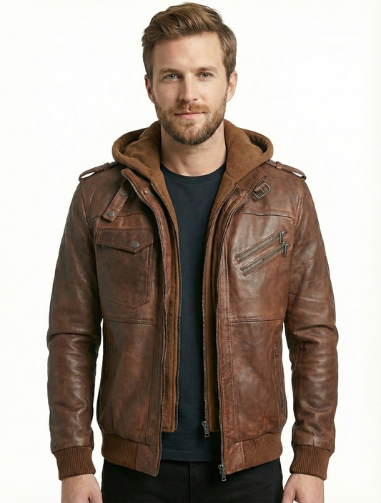 Biker Hooded Bomber Lambskin Leather Jacket Style - 634 | Majestic Leather — front view | Majestic Leather UK