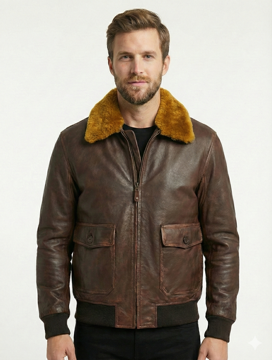 Men's Bomber G-1 Navy Real Leather Jacket with Removable Fur - Style 576-C — front view | Majestic Leather UK