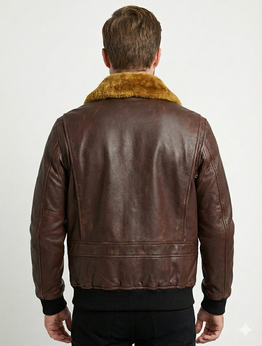 Men's Bomber G-1 Navy Real Leather Jacket with Removable Fur - Style 576-C — back view | Majestic Leather UK