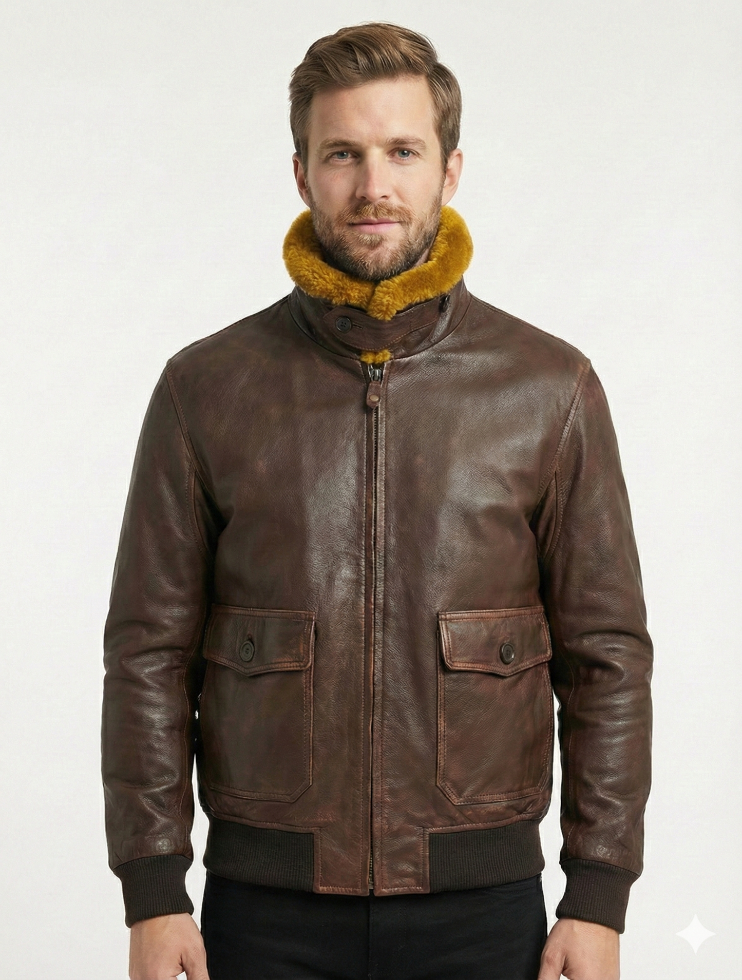 Men's Bomber G-1 Navy Real Leather Jacket with Removable Fur - Style 576-C — side profile | Majestic Leather UK