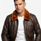 Men's Bomber G-1 Navy Real Leather Jacket with Removable Fur - Style 576-B — side profile | Majestic Leather UK