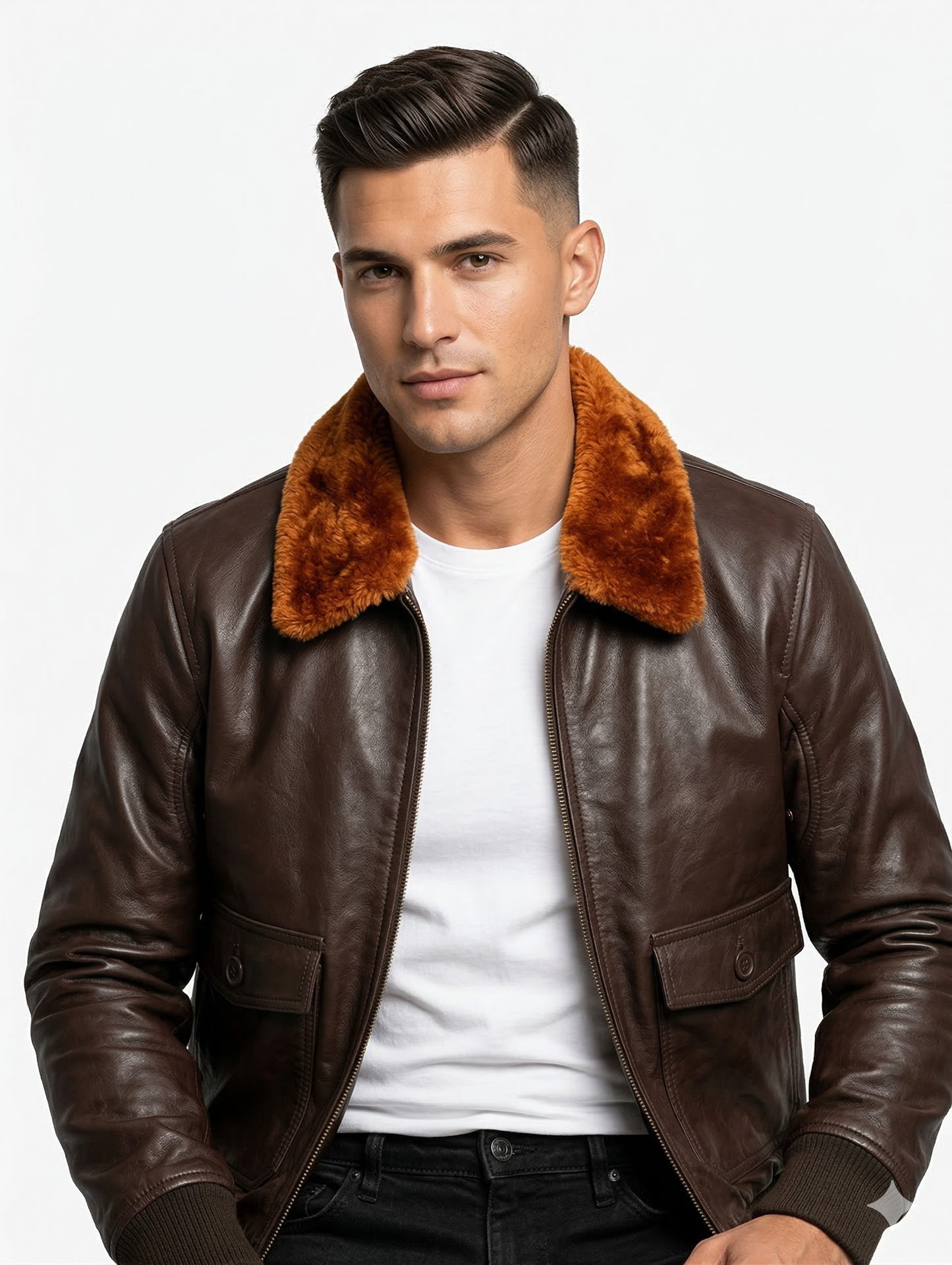 Men's Bomber G-1 Navy Real Leather Jacket with Removable Fur - Style 576-B — side profile | Majestic Leather UK