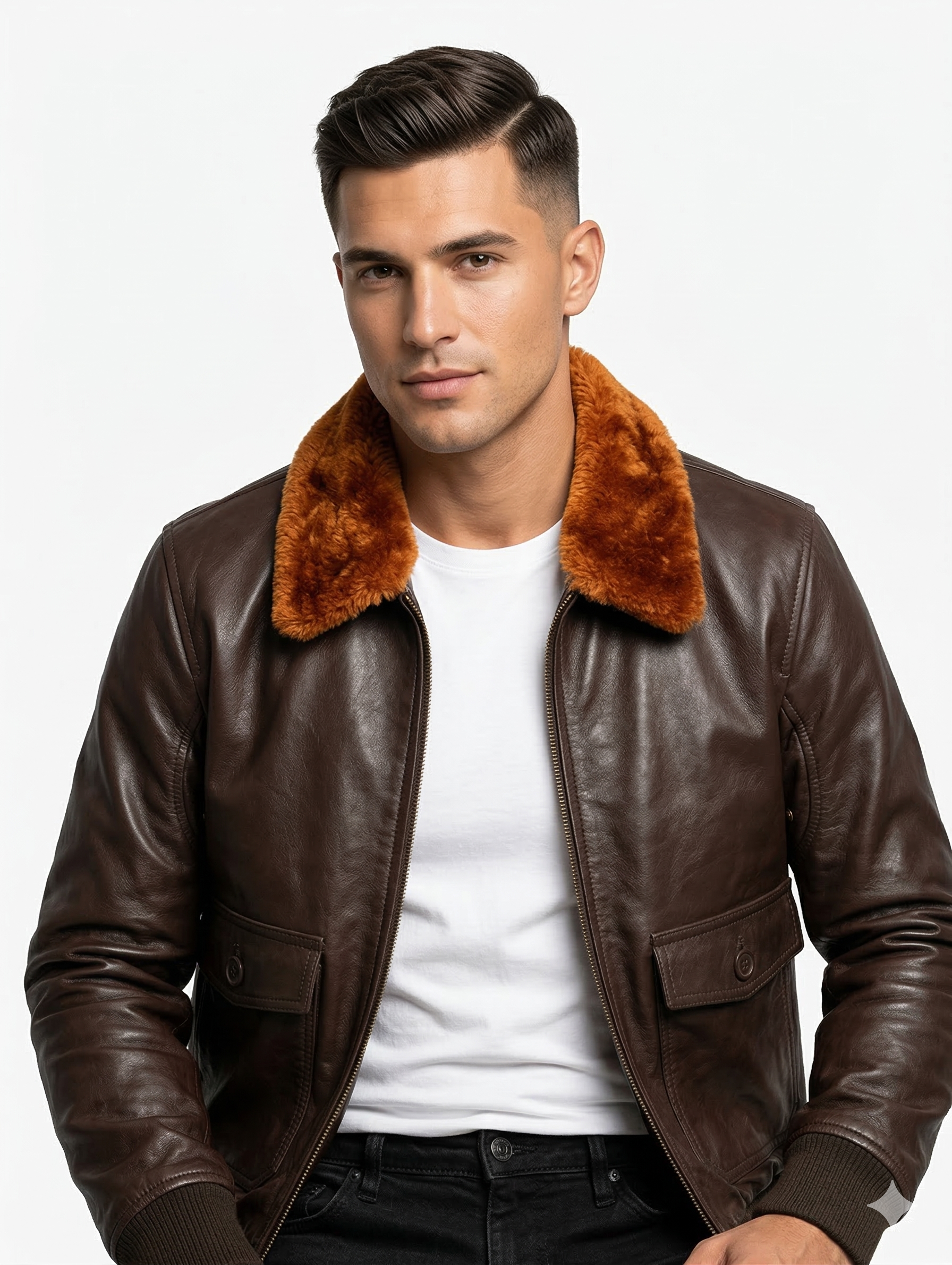 Men's Bomber G-1 Navy Real Leather Jacket with Removable Fur - Style 576-B — side profile | Majestic Leather UK