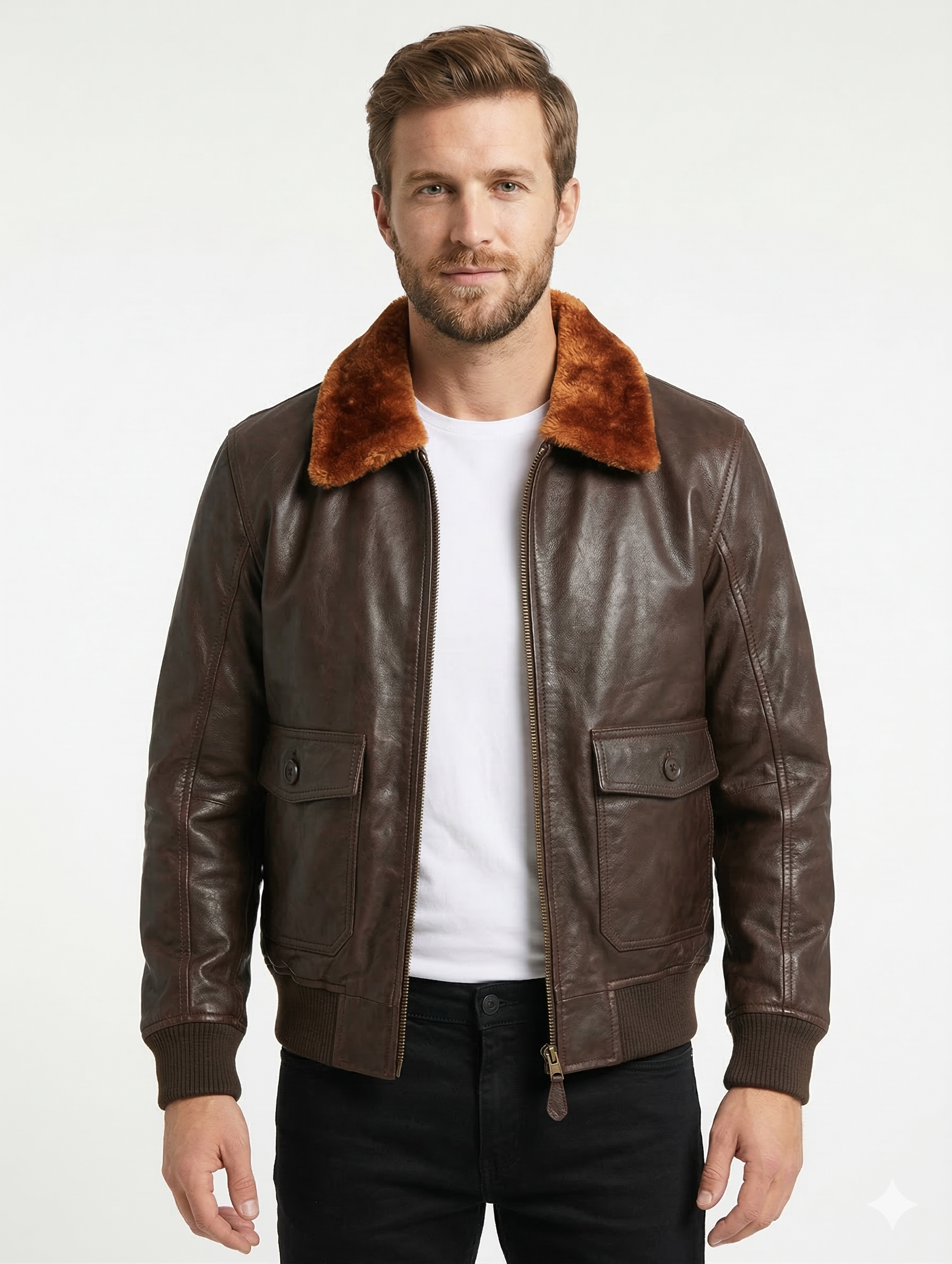 Men's Bomber G-1 Navy Real Leather Jacket with Removable Fur - Style 576-B — front view | Majestic Leather UK