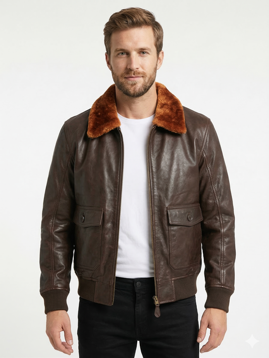Men's Bomber G-1 Navy Real Leather Jacket with Removable Fur - Style 576-B — front view | Majestic Leather UK