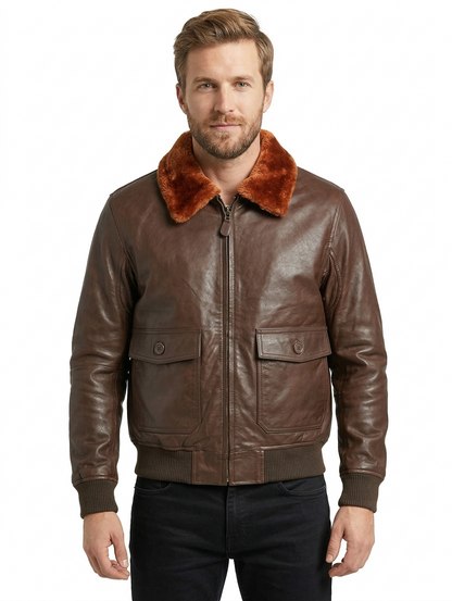 Men's Bomber G-1 Navy Real Leather Jacket with Removable Fur - Style 576-B — back view | Majestic Leather UK