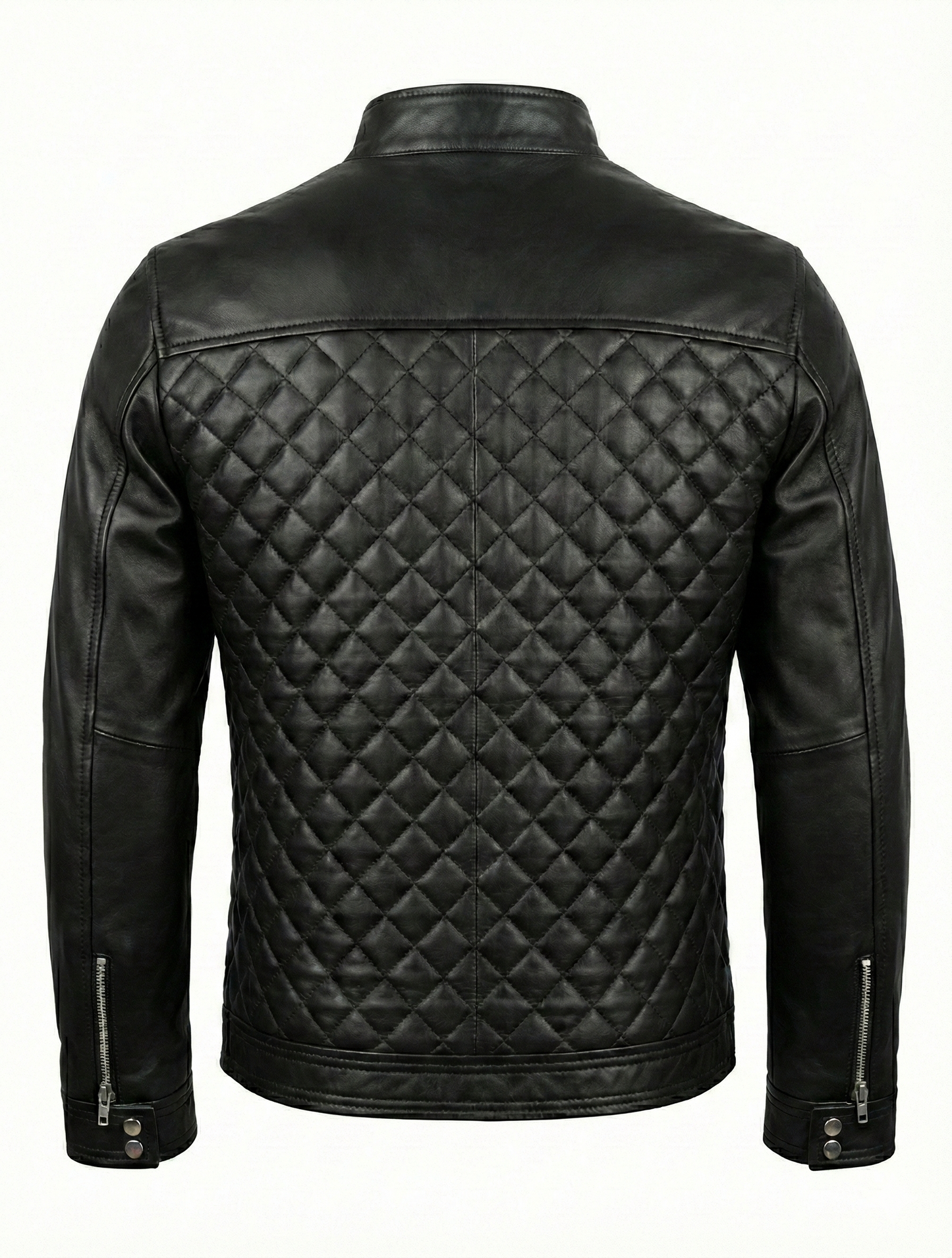 Men's Biker Cafe Racer Black Dimond Quilted Leather Jacket Style-786 — back view | Majestic Leather UK
