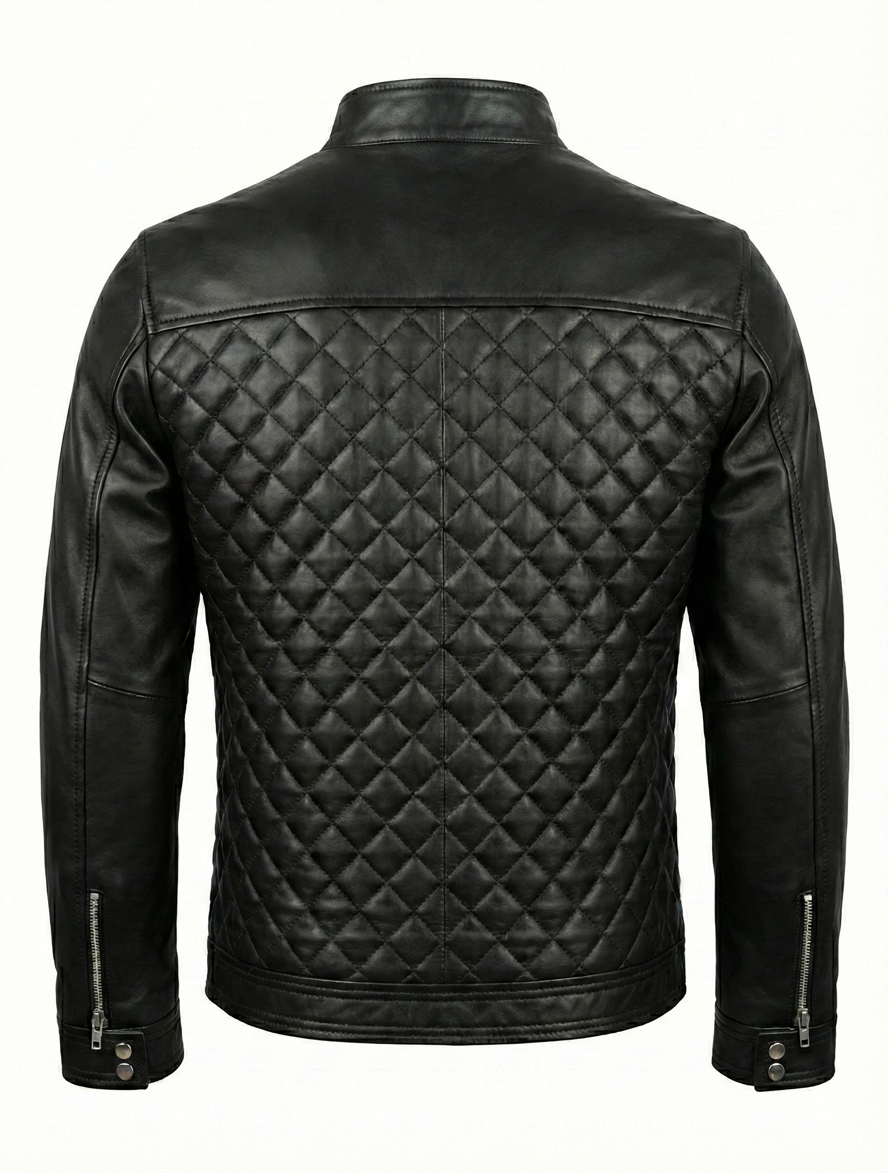 Men's Biker Cafe Racer Black Dimond Quilted Leather Jacket Style-786 — back view | Majestic Leather UK