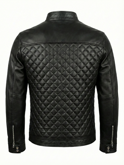 Men's Biker Cafe Racer Black Dimond Quilted Leather Jacket Style-786 — back view | Majestic Leather UK
