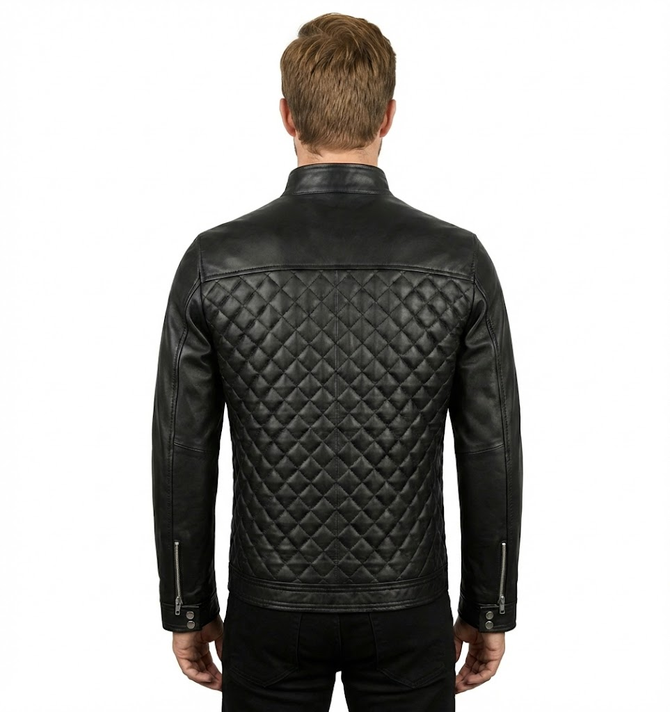 Men's Biker Cafe Racer Black Dimond Quilted Leather Jacket Style-786 — side profile | Majestic Leather UK