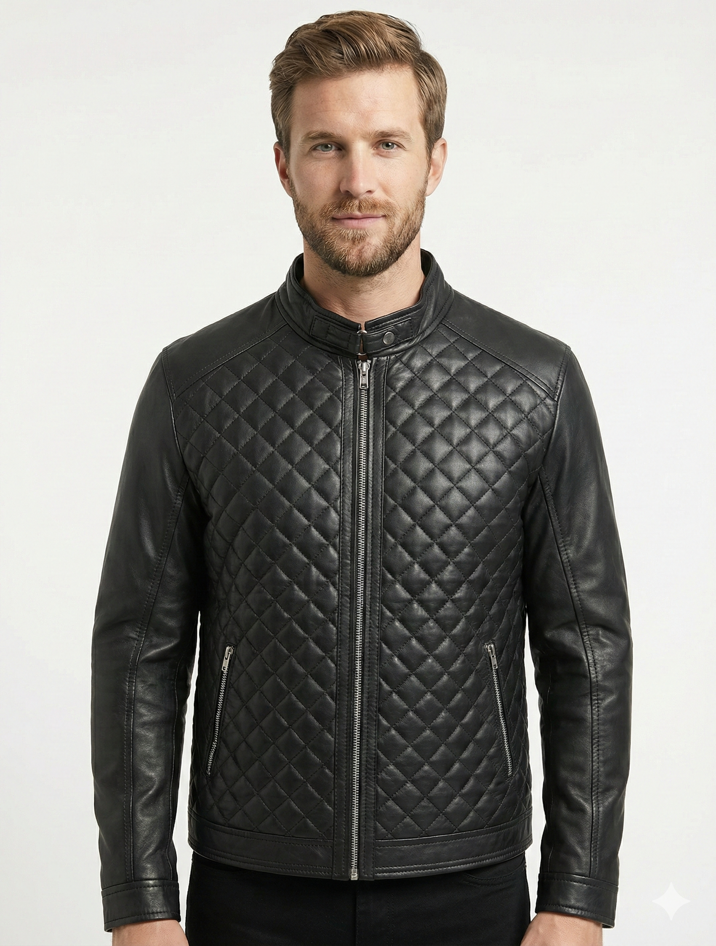 Men's Biker Cafe Racer Black Dimond Quilted Leather Jacket Style-786 — front view | Majestic Leather UK