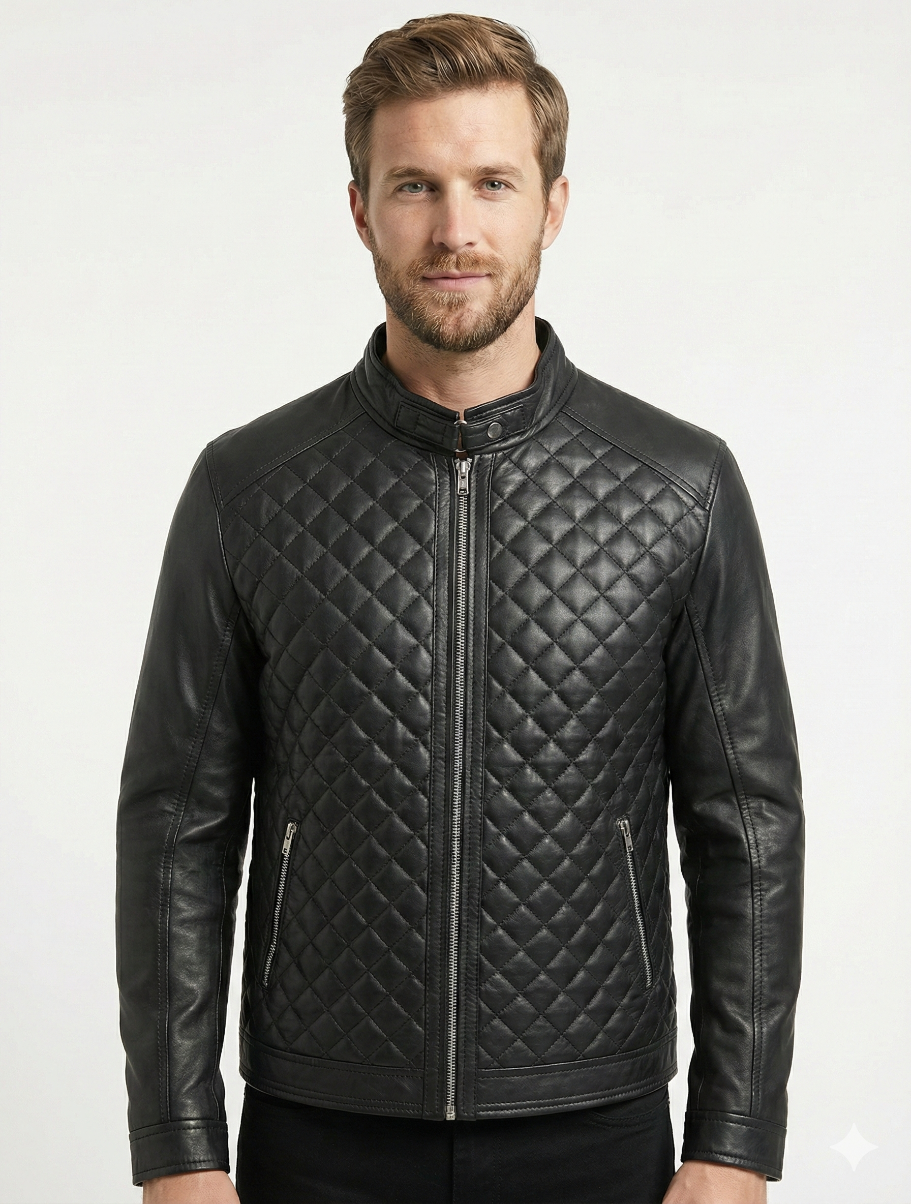 Men's Biker Cafe Racer Black Dimond Quilted Leather Jacket Style-786 — front view | Majestic Leather UK