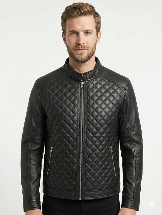 Men's Biker Cafe Racer Black Dimond Quilted Leather Jacket Style-786 — front view | Majestic Leather UK