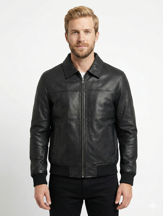 Men's Real Leather Bomber Jacket Style HRTN-382 | Majestic Leather — front view | Majestic Leather UK