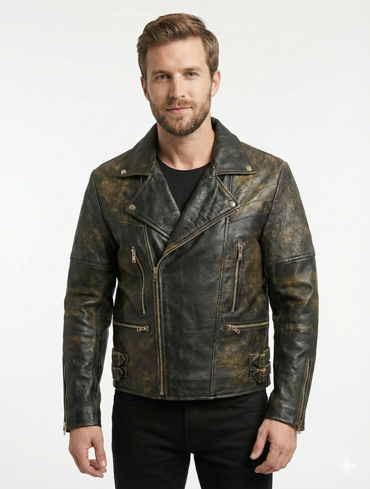 Men’s Black Biker Brando Quilted Real Leather Jacket Style - 1125 — front view | Majestic Leather UK