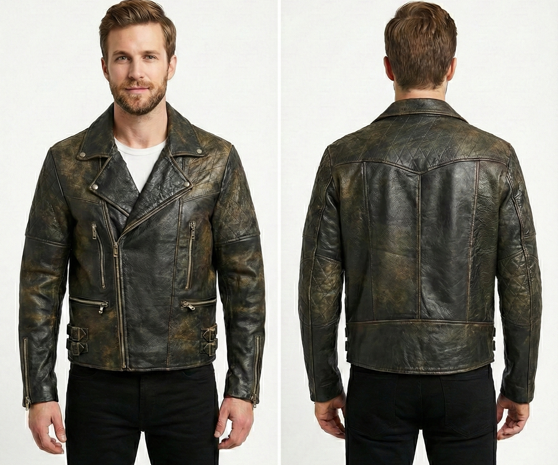 Men’s Black Biker Brando Quilted Real Leather Jacket Style - 1125 — back view | Majestic Leather UK