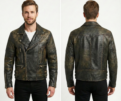 Men’s Black Biker Brando Quilted Real Leather Jacket Style - 1125 — back view | Majestic Leather UK