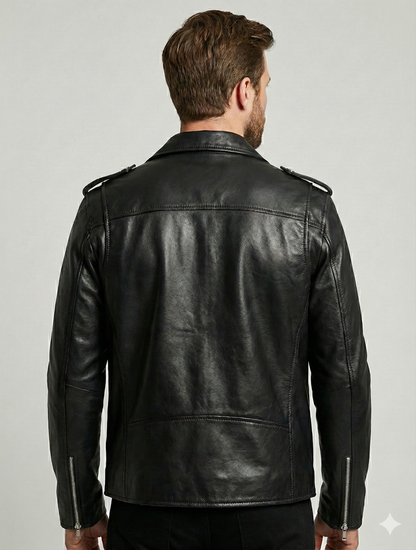 Men's Biker Brando Black Leather Jacket Style-1156 | Majestic Leather — back view | Majestic Leather UK