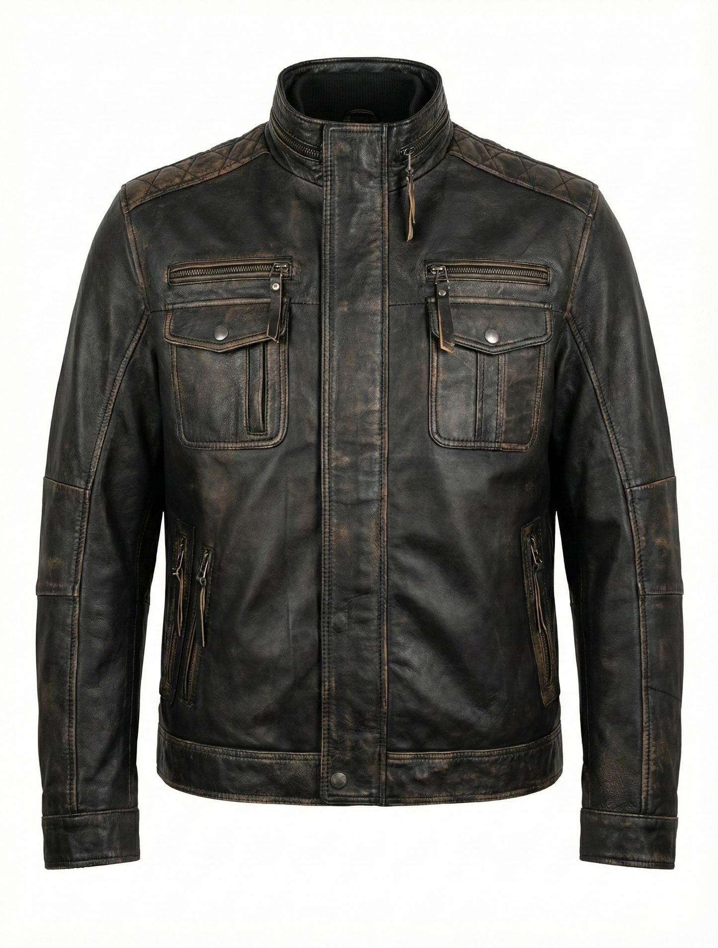 Men’s Real Leather Jacket Distress Black Lambskin INT-391 | Majestic Leather — front view | Majestic Leather UK