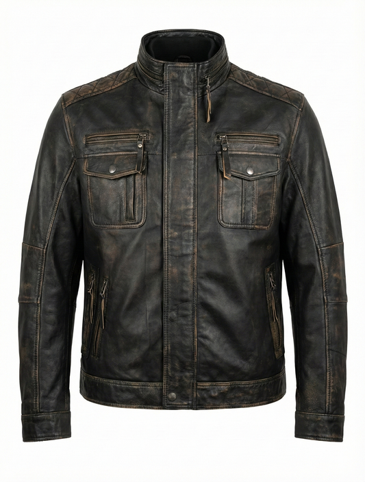 Men’s Real Leather Jacket Distress Black Lambskin INT-391 | Majestic Leather — front view | Majestic Leather UK