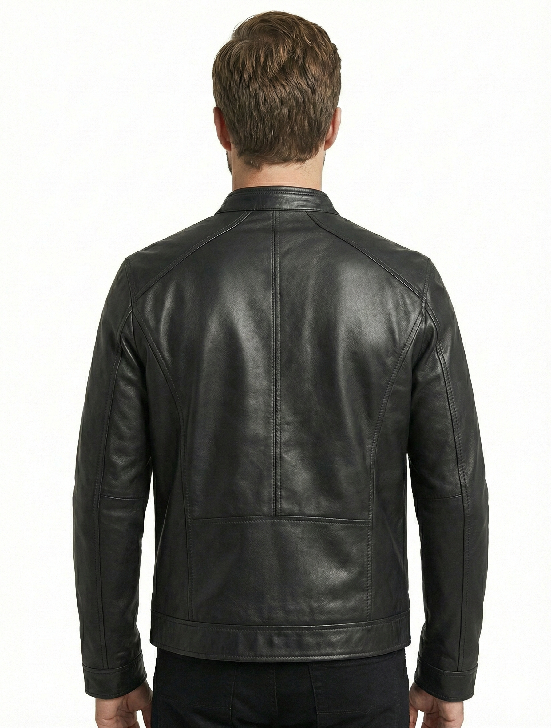 Men’s Real Lambskin Black Biker Leather Jacket LHF-1182 | Majestic Leather — back view | Majestic Leather UK