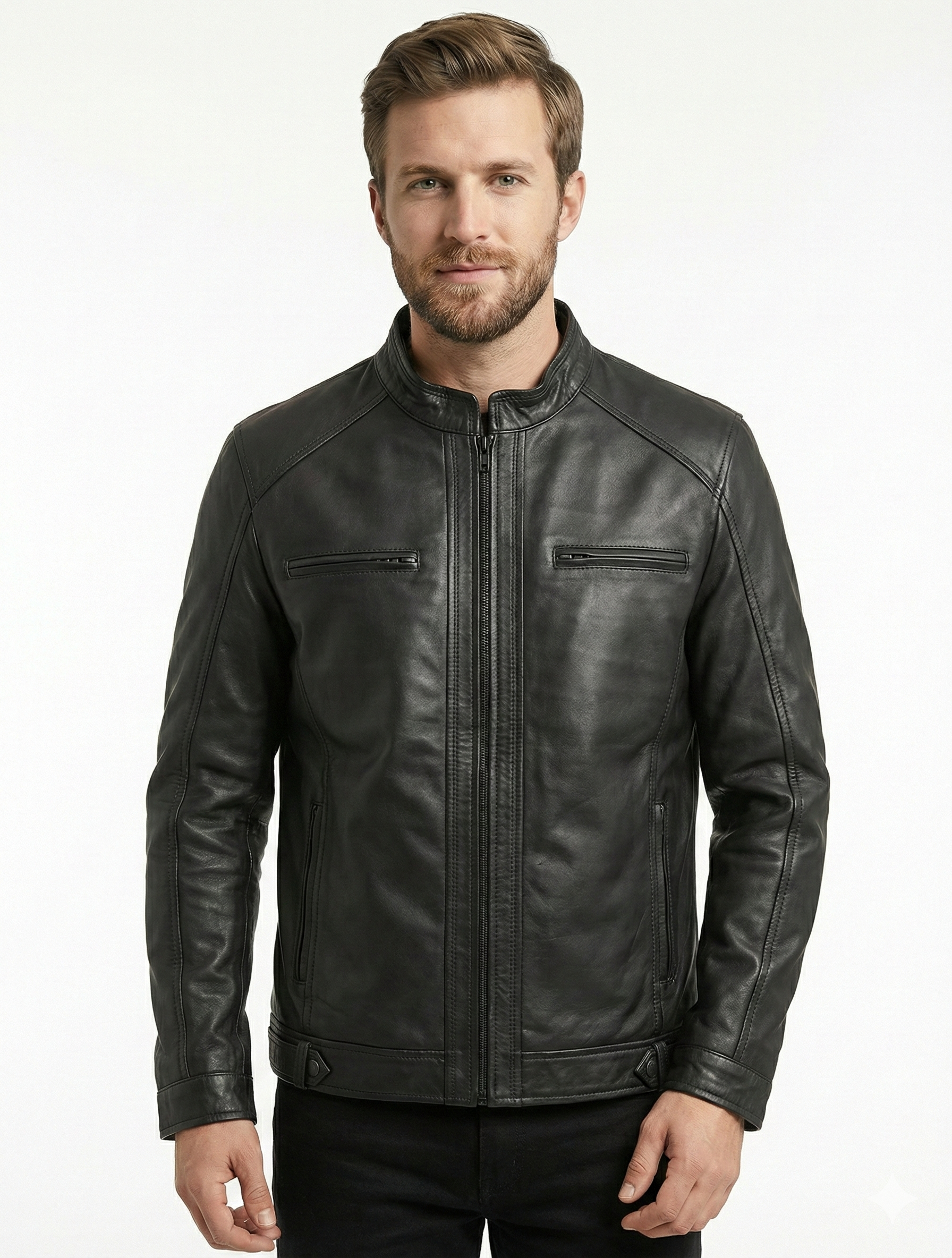 Men’s Real Lambskin Black Biker Leather Jacket LHF-1182 | Majestic Leather — front view | Majestic Leather UK
