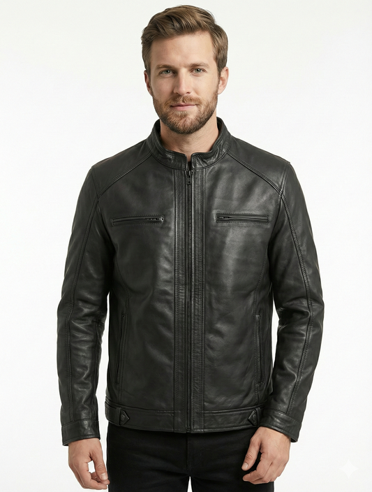 Men’s Real Lambskin Black Biker Leather Jacket LHF-1182 | Majestic Leather — front view | Majestic Leather UK