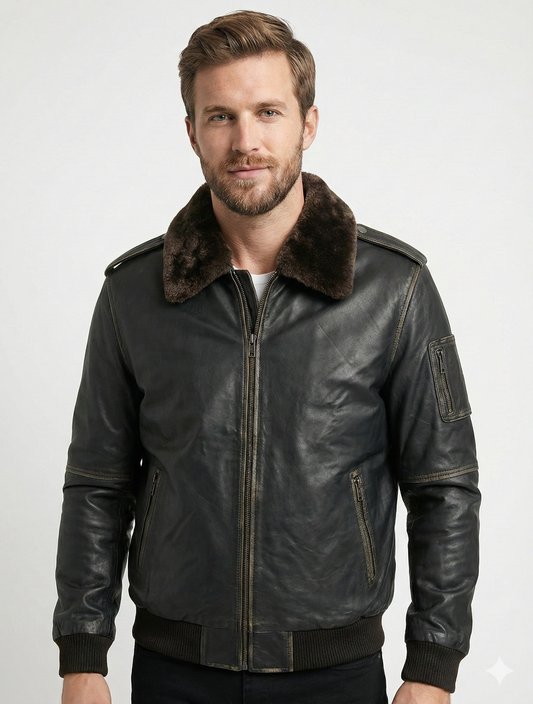 Men’s Real Lambskin Leather Jacket Distress Black Bomber LHF-1181 — front view | Majestic Leather UK