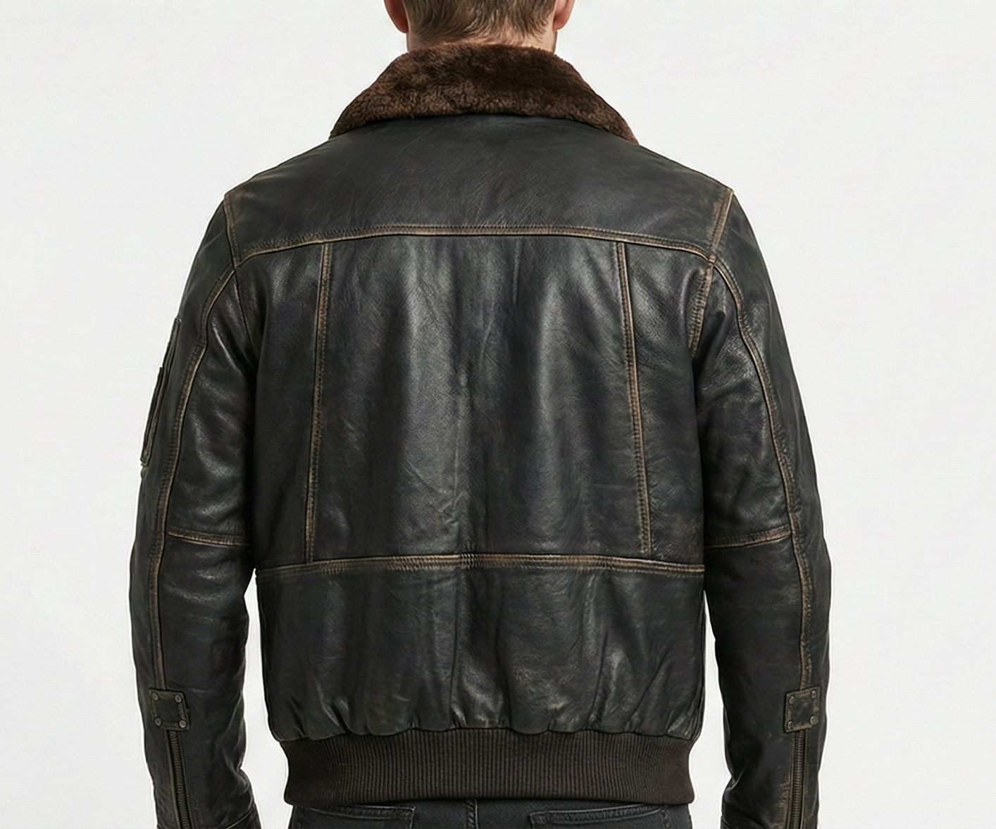 Men’s Real Lambskin Leather Jacket Distress Black Bomber LHF-1181 — back view | Majestic Leather UK