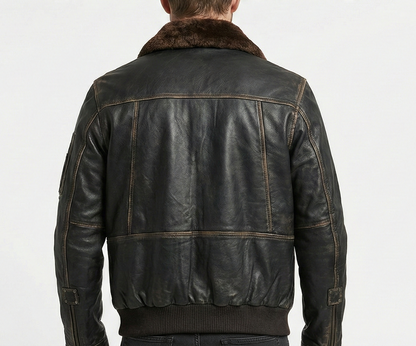 Men’s Real Lambskin Leather Jacket Distress Black Bomber LHF-1181 — back view | Majestic Leather UK