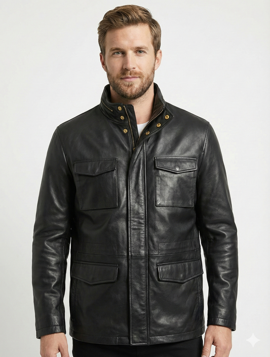 M65 Field Black Leather Jacket Style - 1043 | Majestic Leather — front view | Majestic Leather UK
