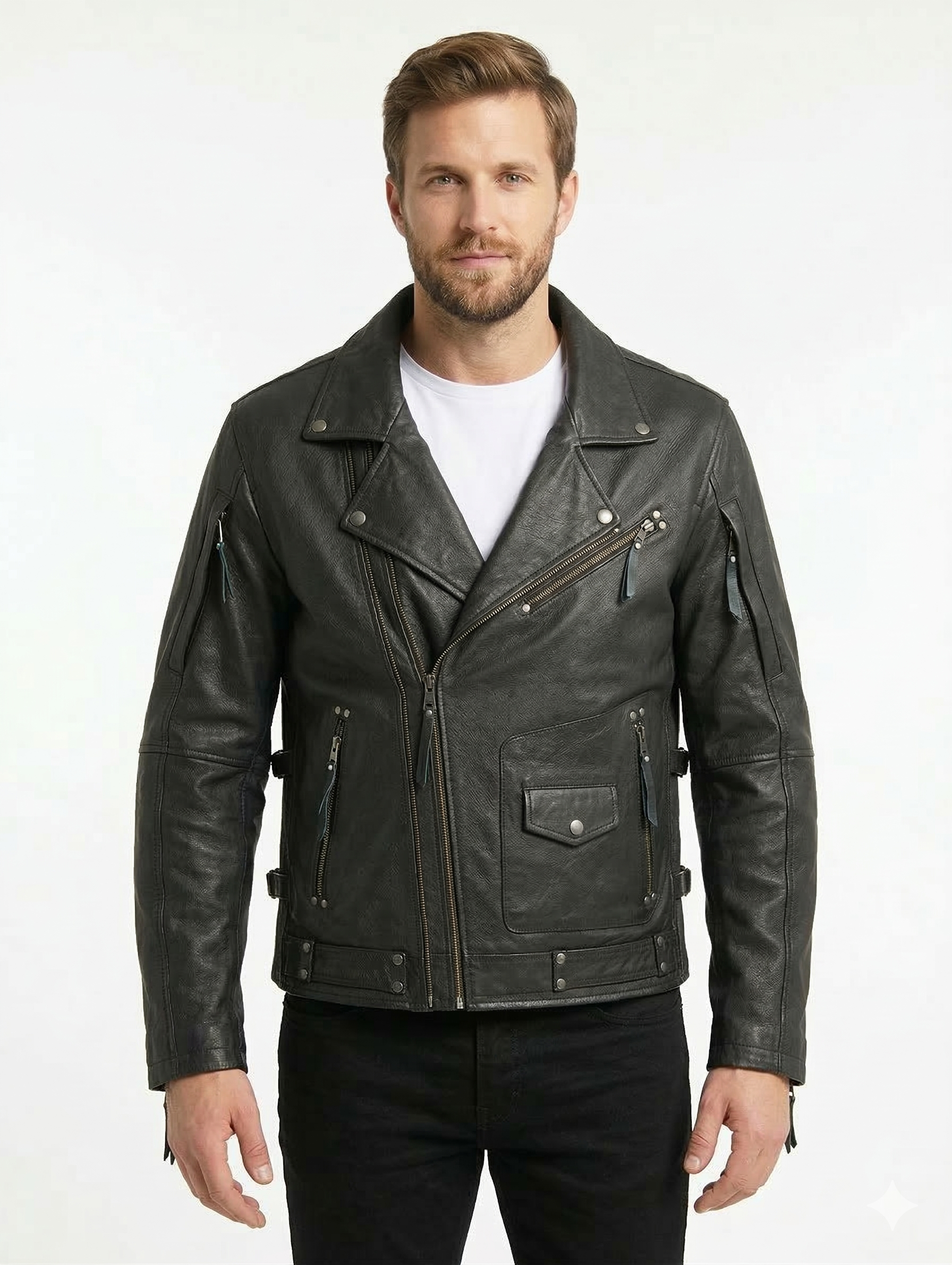 Men’s Black Biker Brando Motorcycle Real Leather Jacket Style - 1032 — collar detail | Majestic Leather UK