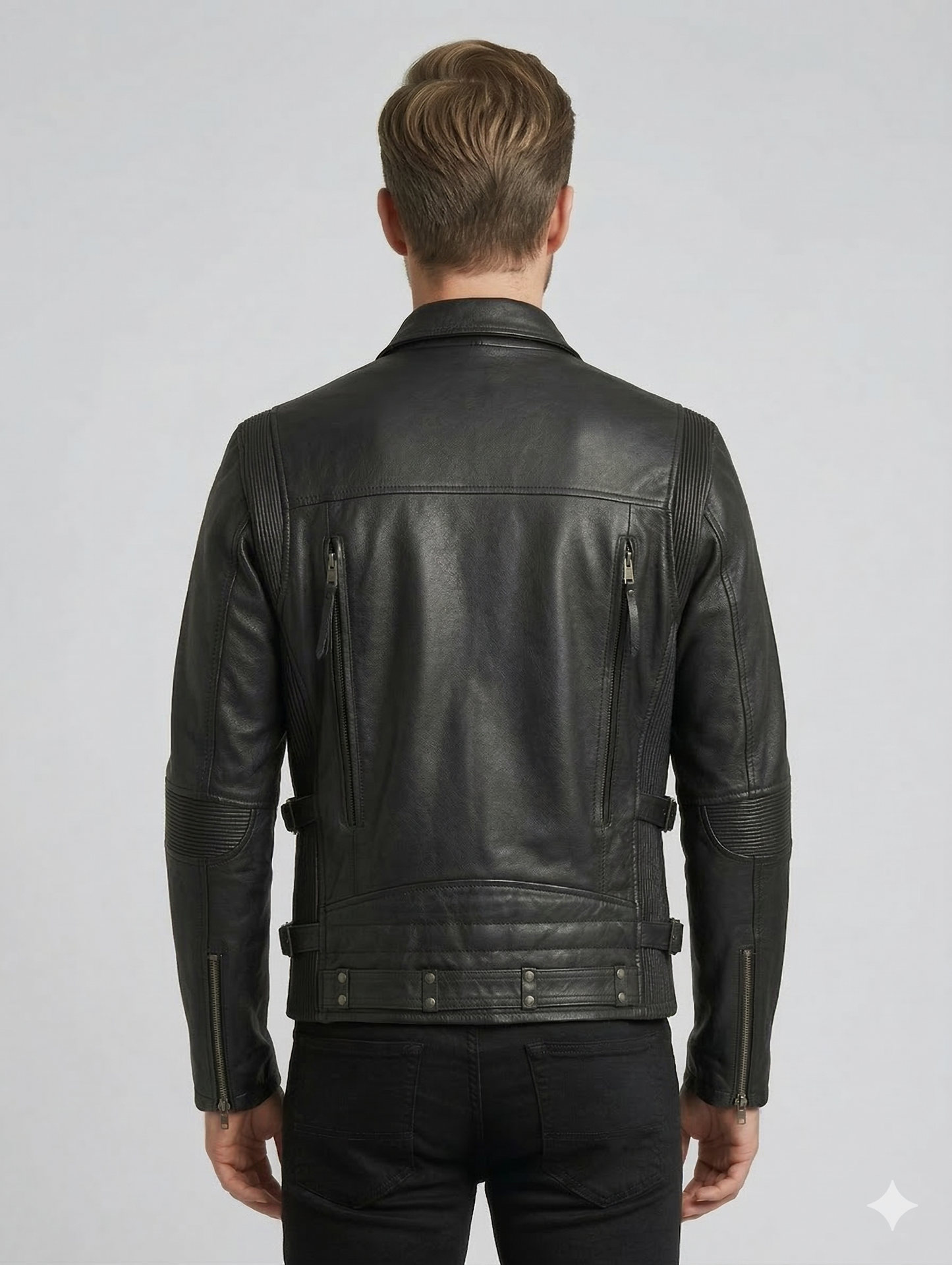 Men’s Black Biker Brando Motorcycle Real Leather Jacket Style - 1032 — sleeve detail | Majestic Leather UK