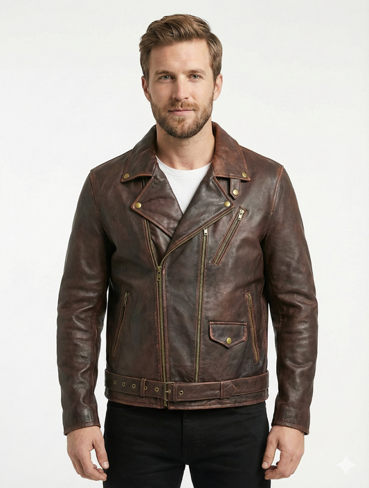 Men's Cafe Racer Distress Brown Biker Leather Jacket Style - 781 — front view | Majestic Leather UK