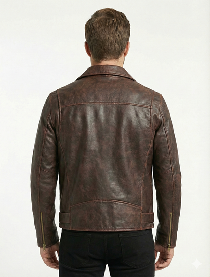 Men's Cafe Racer Distress Brown Biker Leather Jacket Style - 781 — back view | Majestic Leather UK
