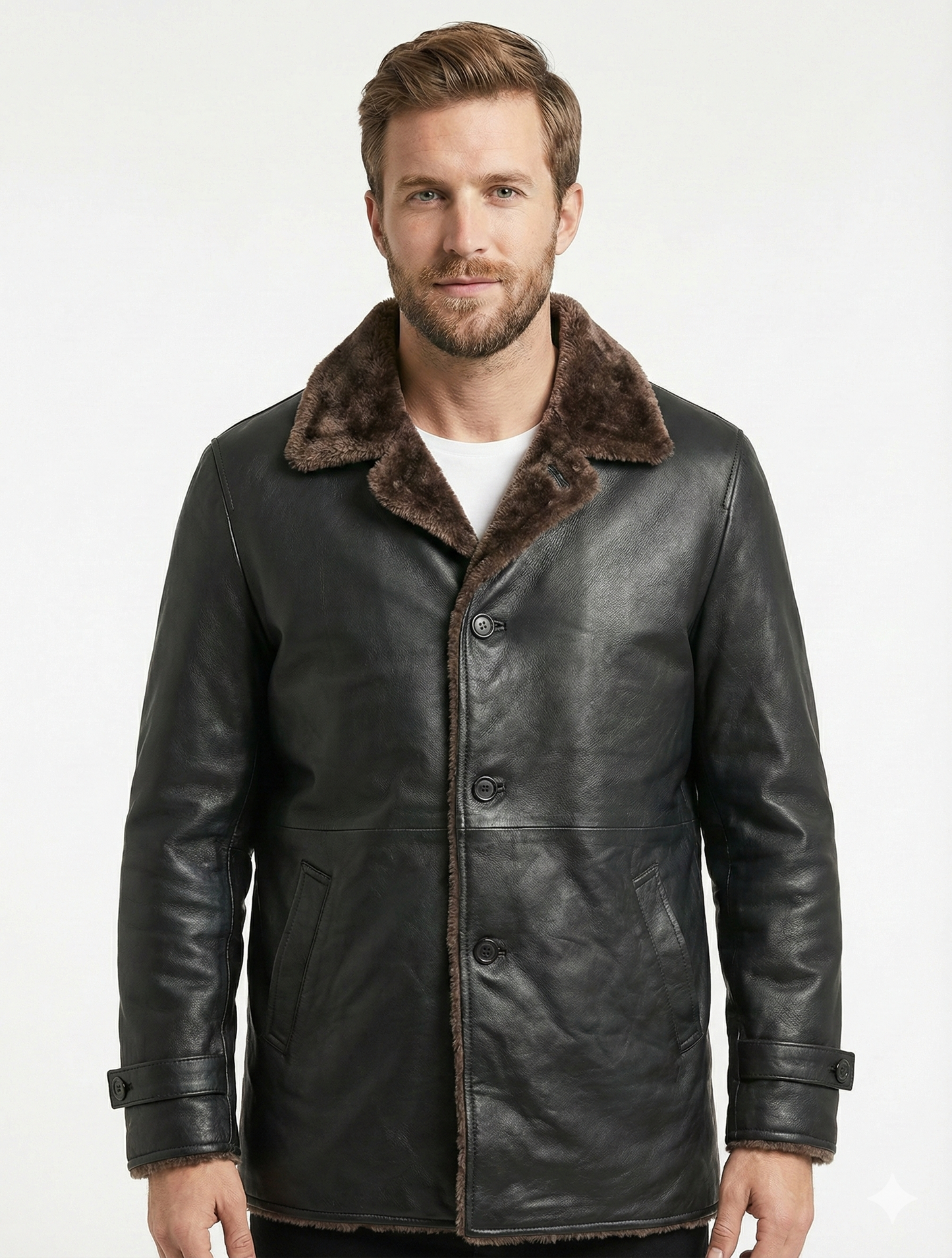Men's Winter Real Leather Coat 3/4 Length with Artificial Shearling - Button Up Leather Coat — front view | Majestic Leather 